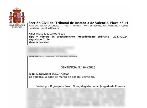Reclamar préstamo Cashper 4 Cabecera de la sentencia 64/2026 del Tribunal de Instancia de Valencia contra Easy Asset Management Iberia, compradora de deuda de Cashper, sin datos personales