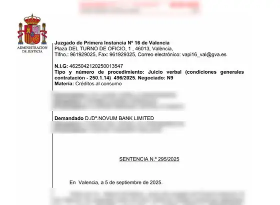Reclamar préstamo Cashper 2 Cabecera de la sentencia 295/2025 del Juzgado de Primera Instancia n.º 16 de Valencia contra Novum Bank (Cashper), sin datos personales
