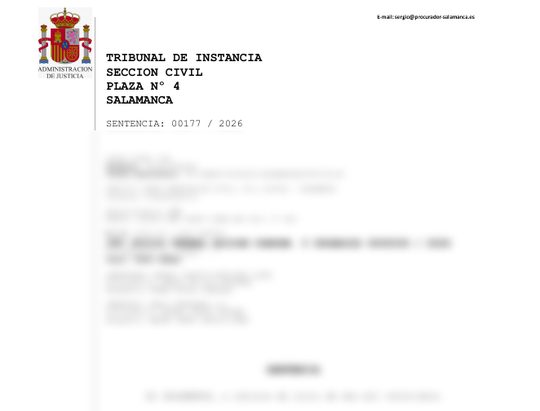 Home | Recupera tu dinero 19 Cabecera de la sentencia 177/2026 (Tribunal de Instancia de Salamanca) contra Banco Santander, sin datos personales